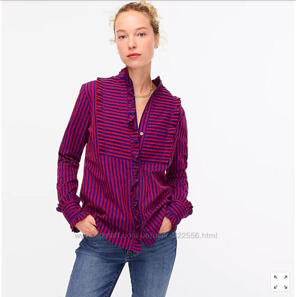 J.Crew Ruffle Trim Red and Blue Stripe Long Sleeve Button Up Blouse Women's L